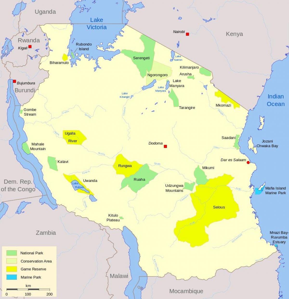 mapa da tanzânia parques nacionais e reservas de caça
