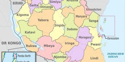 Mapa da tanzânia mostrando regiões e distritos