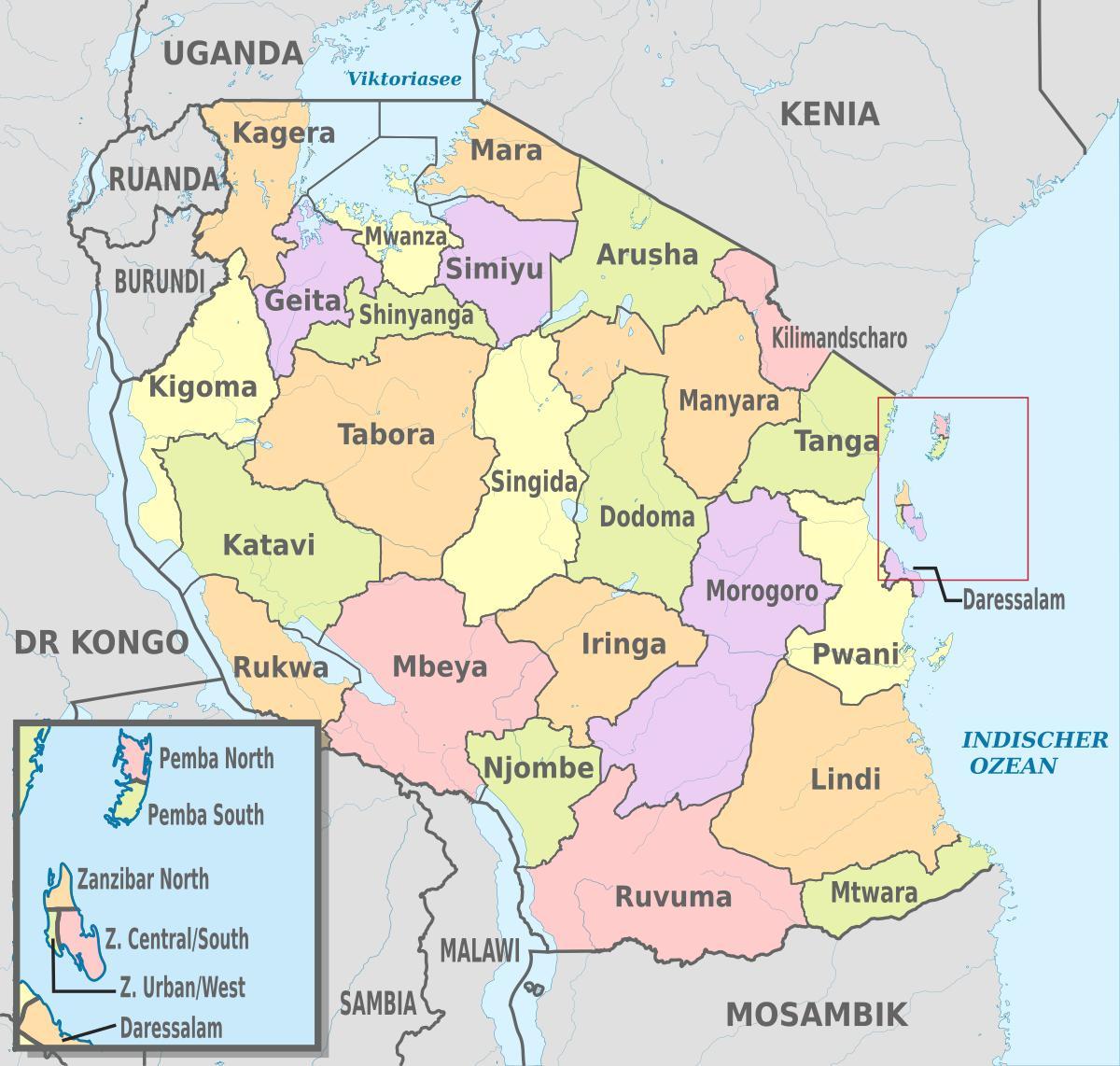 mapa da tanzânia mostrando regiões e distritos
