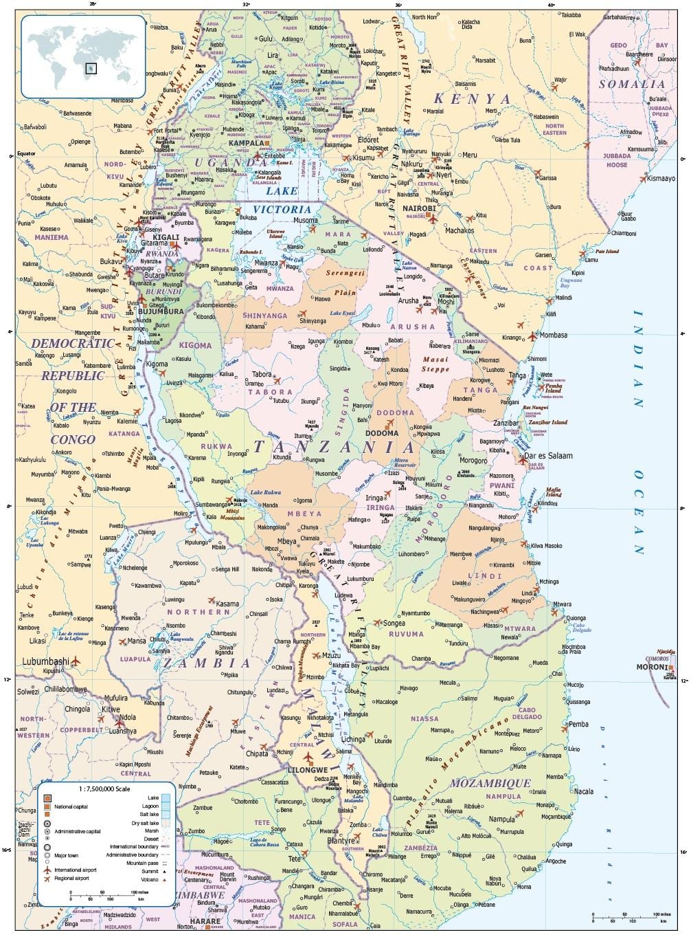 mapa de tanzânia e países vizinhos