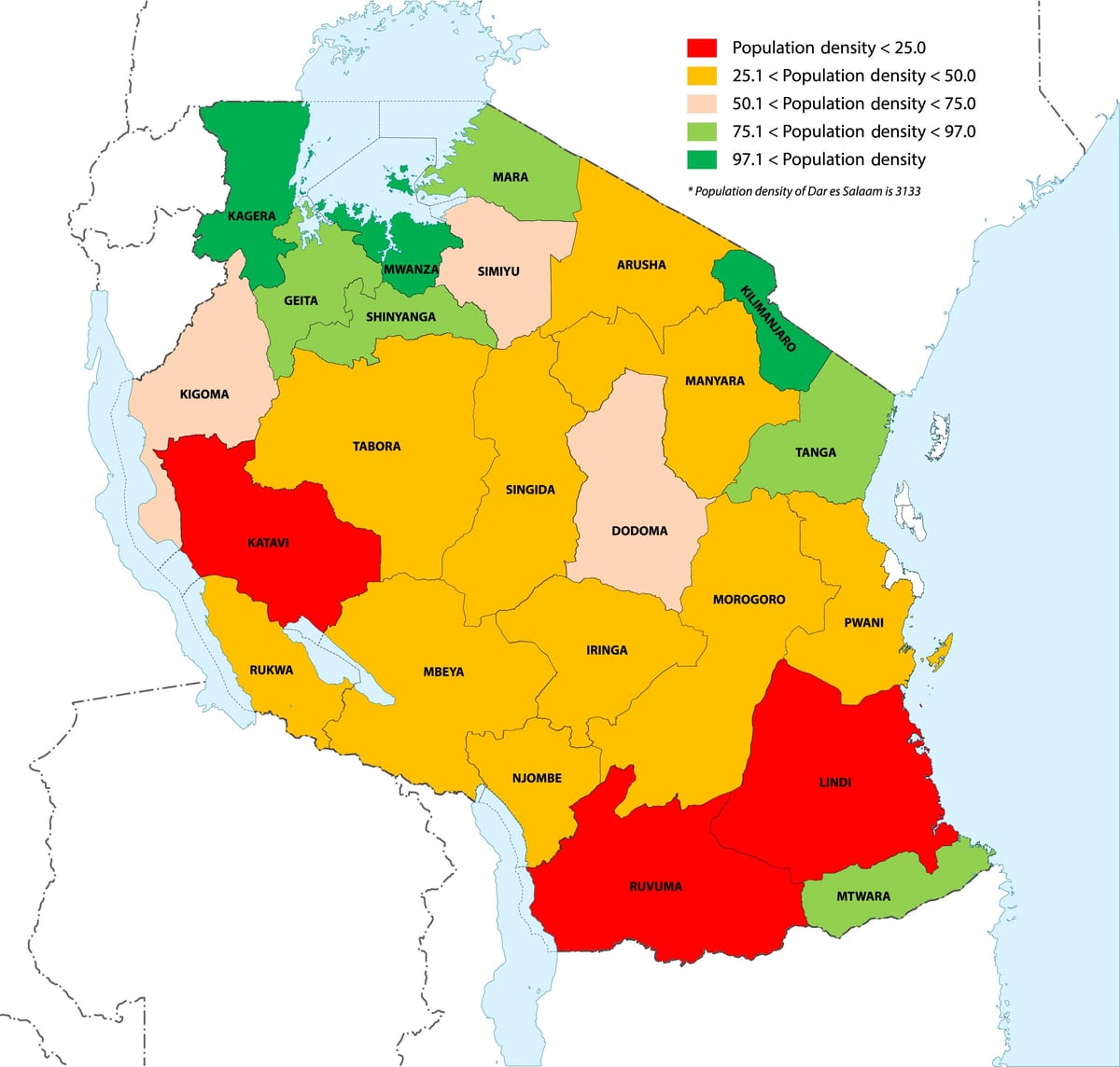 tanzânia densidade populacional mapa
