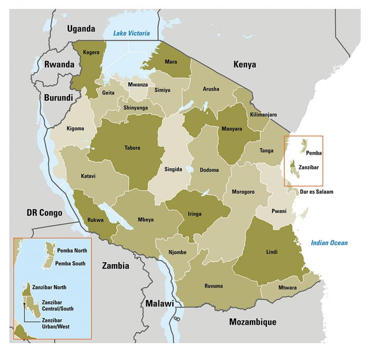mapa da tanzânia mostrando regiões